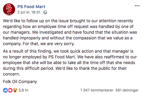 Facebook-inlägg från företaget. Facebook-inlägg från företaget.